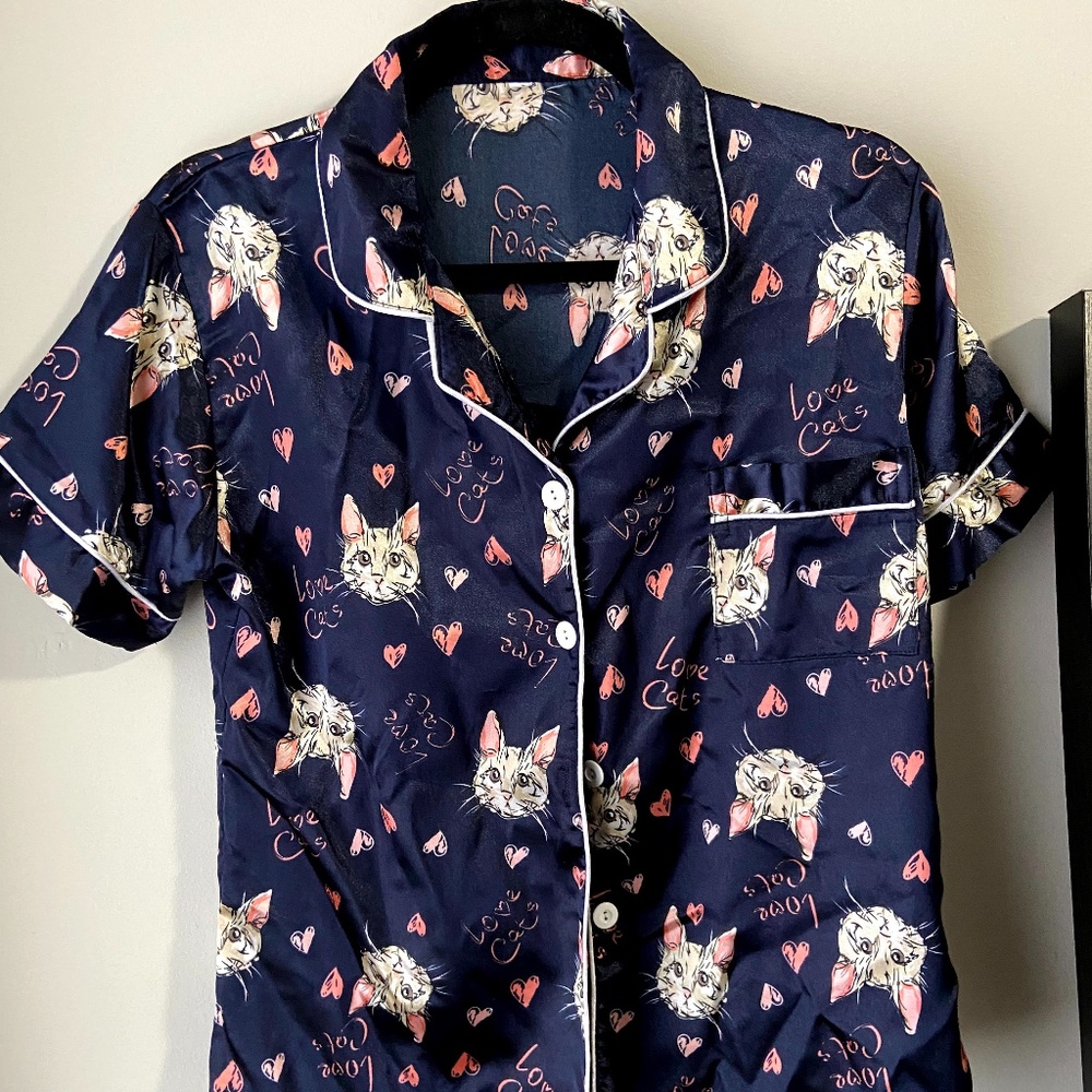 Satin Sleep Shirt - Cat Pattern